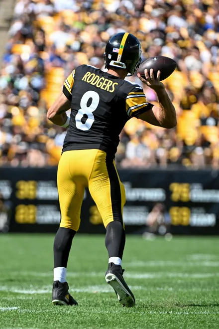 Sep 14, 2025; Pittsburgh, Pennsylvania, USA; Pittsburgh Steelers quarterback Aaron Rodgers (8) throws pass during the second half against the Seattle Seahawks at Acrisure Stadium. Mandatory Credit: Barry Reeger-Imagn Images