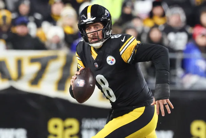 Nov 30, 2025; Pittsburgh, Pennsylvania, USA; Pittsburgh Steelers quarterback Aaron Rodgers (8) looks to pass during the second quarter against the Buffalo Bills at Acrisure Stadium. Mandatory Credit: Charles LeClaire-Imagn Images