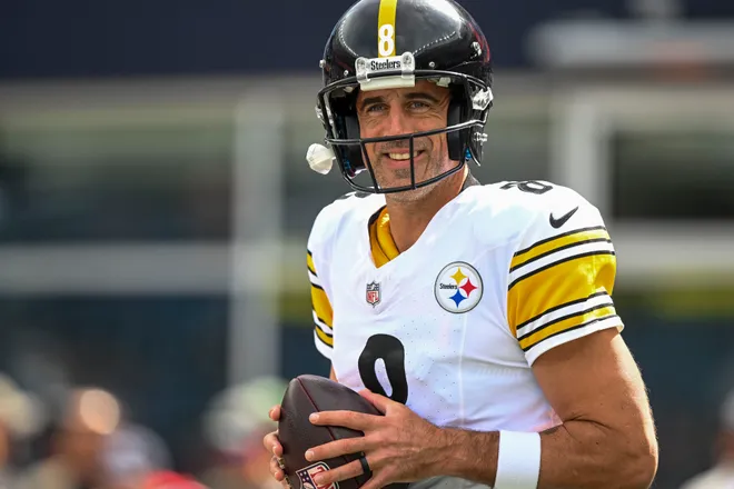 Sep 21, 2025; Foxborough, Massachusetts, USA; Pittsburgh Steelers quarterback Aaron Rodgers (8) warms up before the game against the New England Patriots at Gillette Stadium. Mandatory Credit: Brian Fluharty-Imagn Images