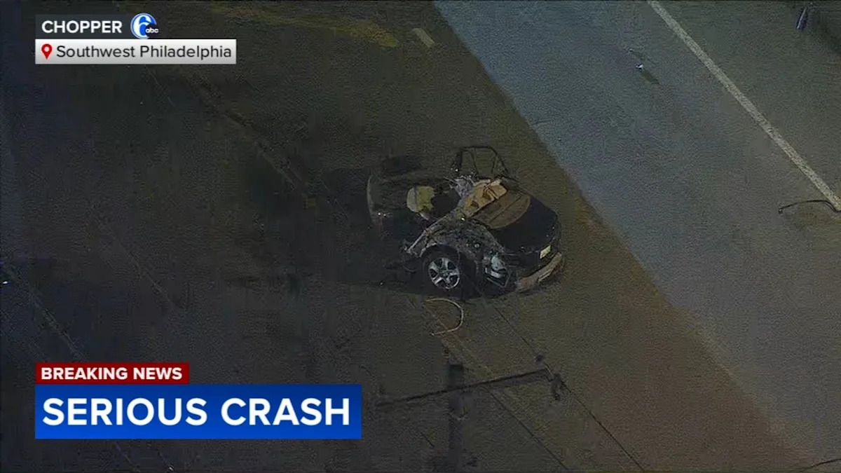 Car split in half after crash in Southwest Philadelphia