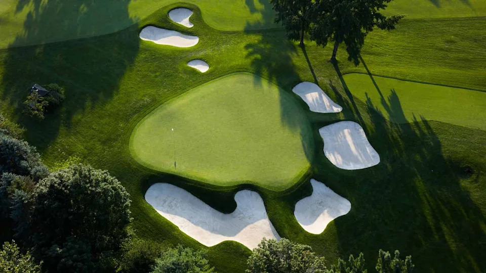 Aerial view of green at Aronimink, host of 2026 PGA Championship.