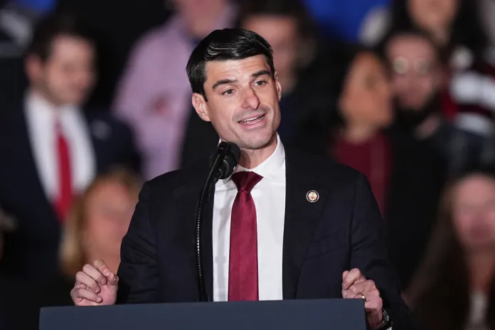 Rep. Rob Bresnahan (R-PA) speaks before President Donald Trump arrives at the Mount Airy Casino Resort in Mount Pocono, Pennsylvania, Dec. 9, 2025.