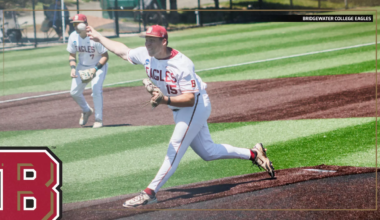 Bridgewater College Eagles pitcher on the mound delivering a pitch during a game; teammate in the background; school logo bottom left.