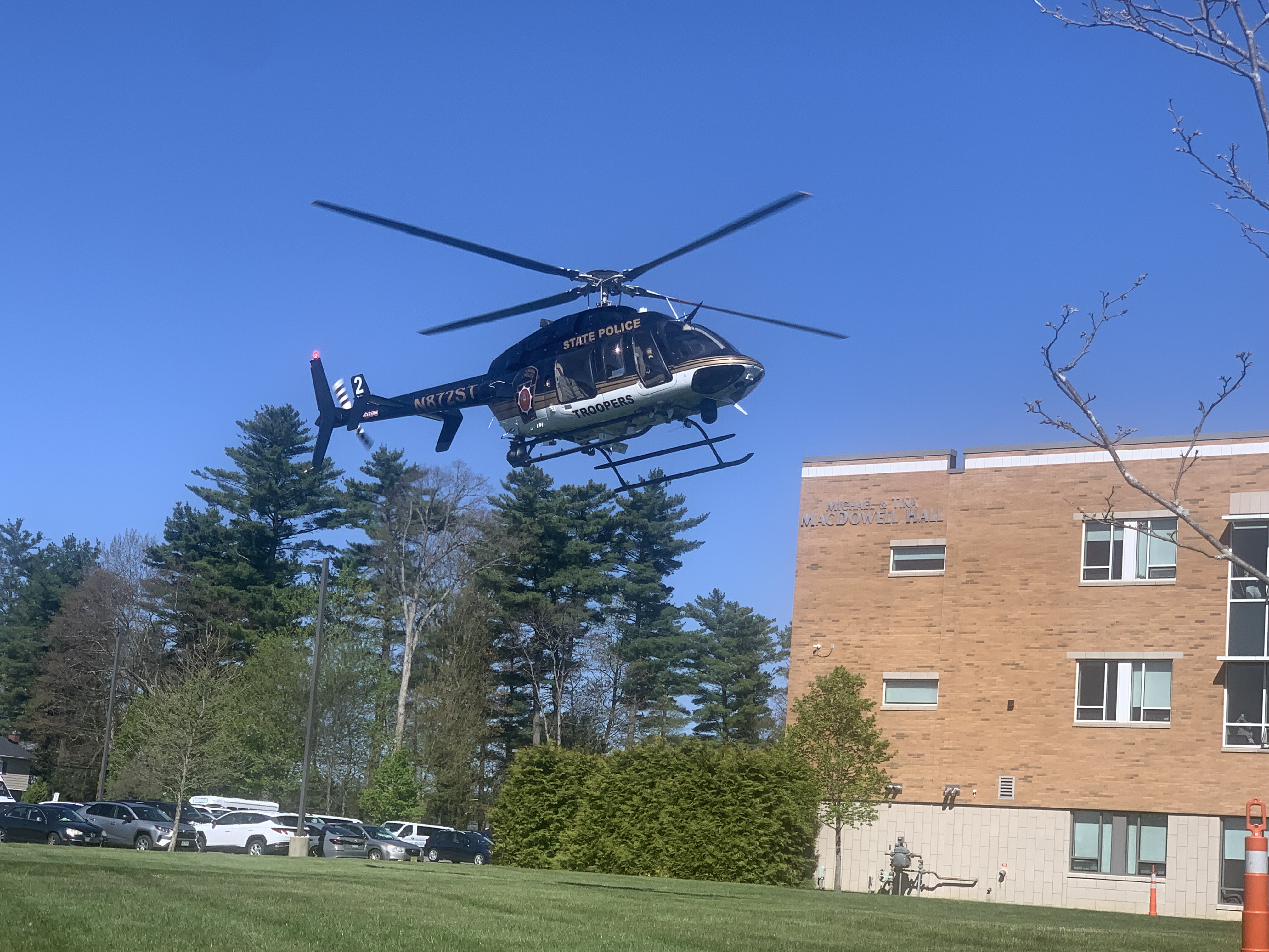 A Pennsylvania State Police helicopter lands on Misericordia campus at...