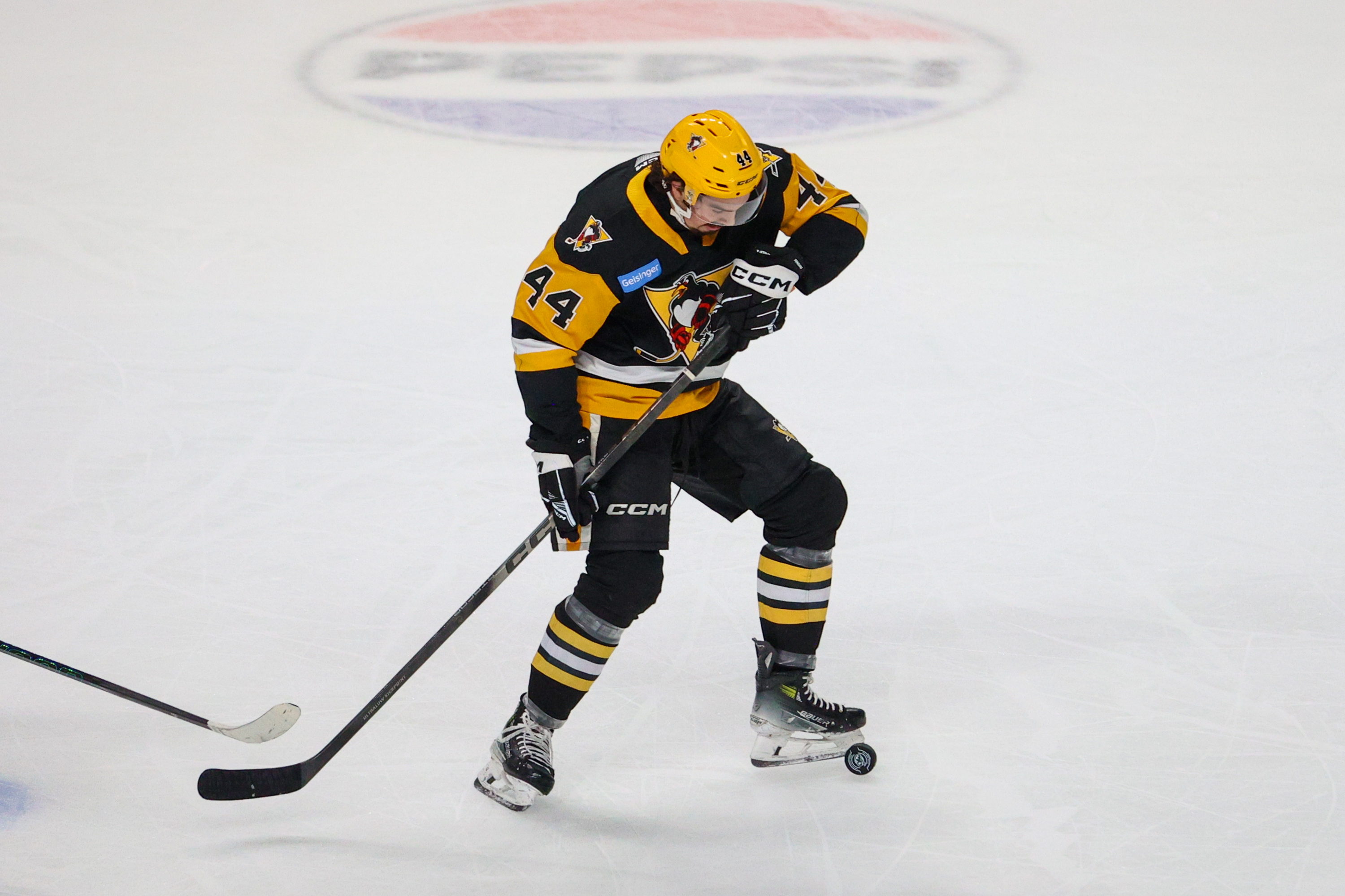 Wilkes-Barre/Scranton’s Chase Pietila kicks the puck during Game 2 of...