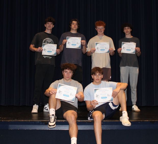 The Fuller Fan Band, including, first row, from left, Matt D'Aiello and Aiden Levandoski, and second row, Hayden Heppding, Wyatt Russick, Tyler Stephenson and Domenic Stella, finished in second place. (SUBMITTED)