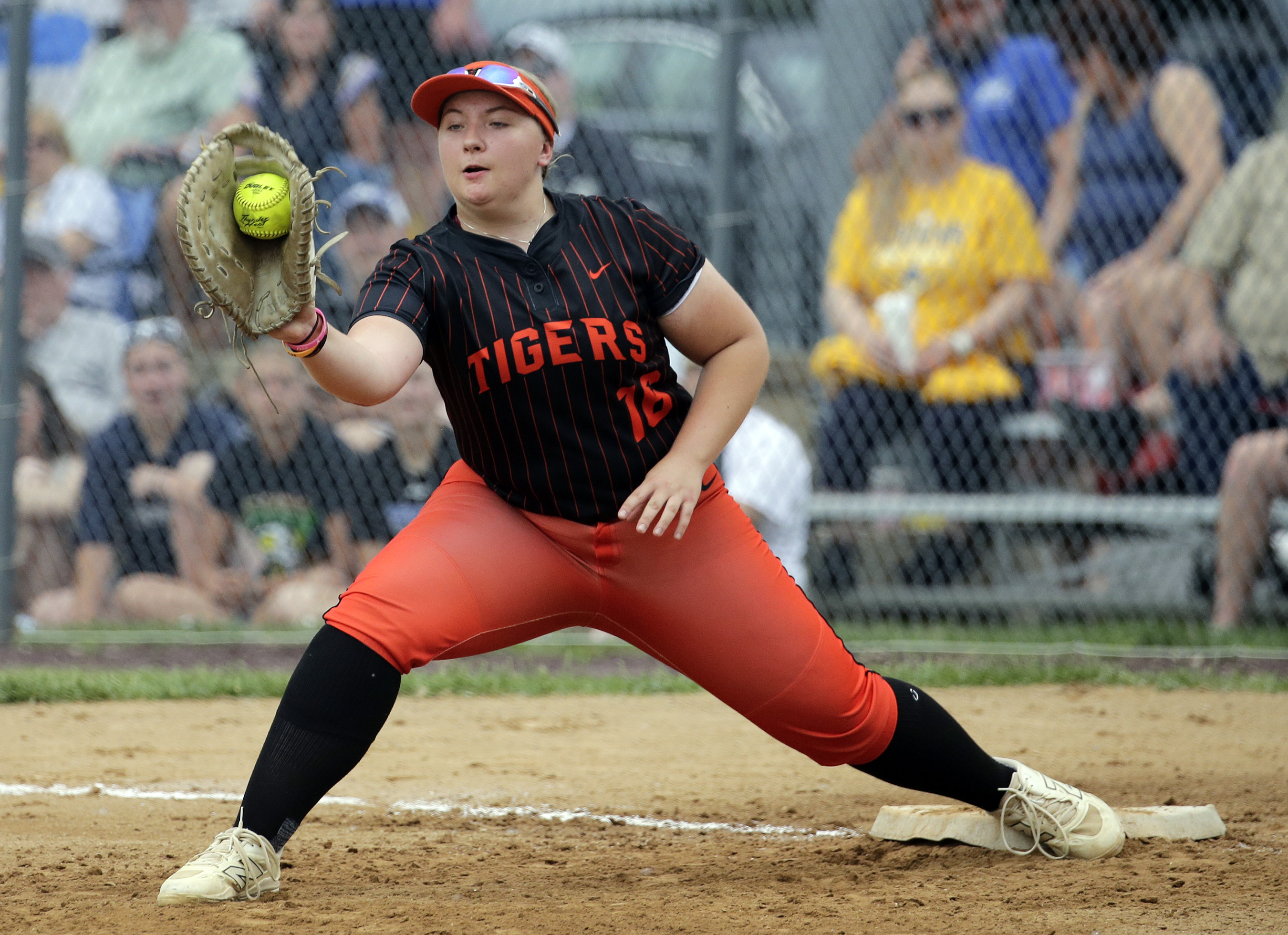 Tunkhannock first baseman Kayden Bamberger makes the catch for the...
