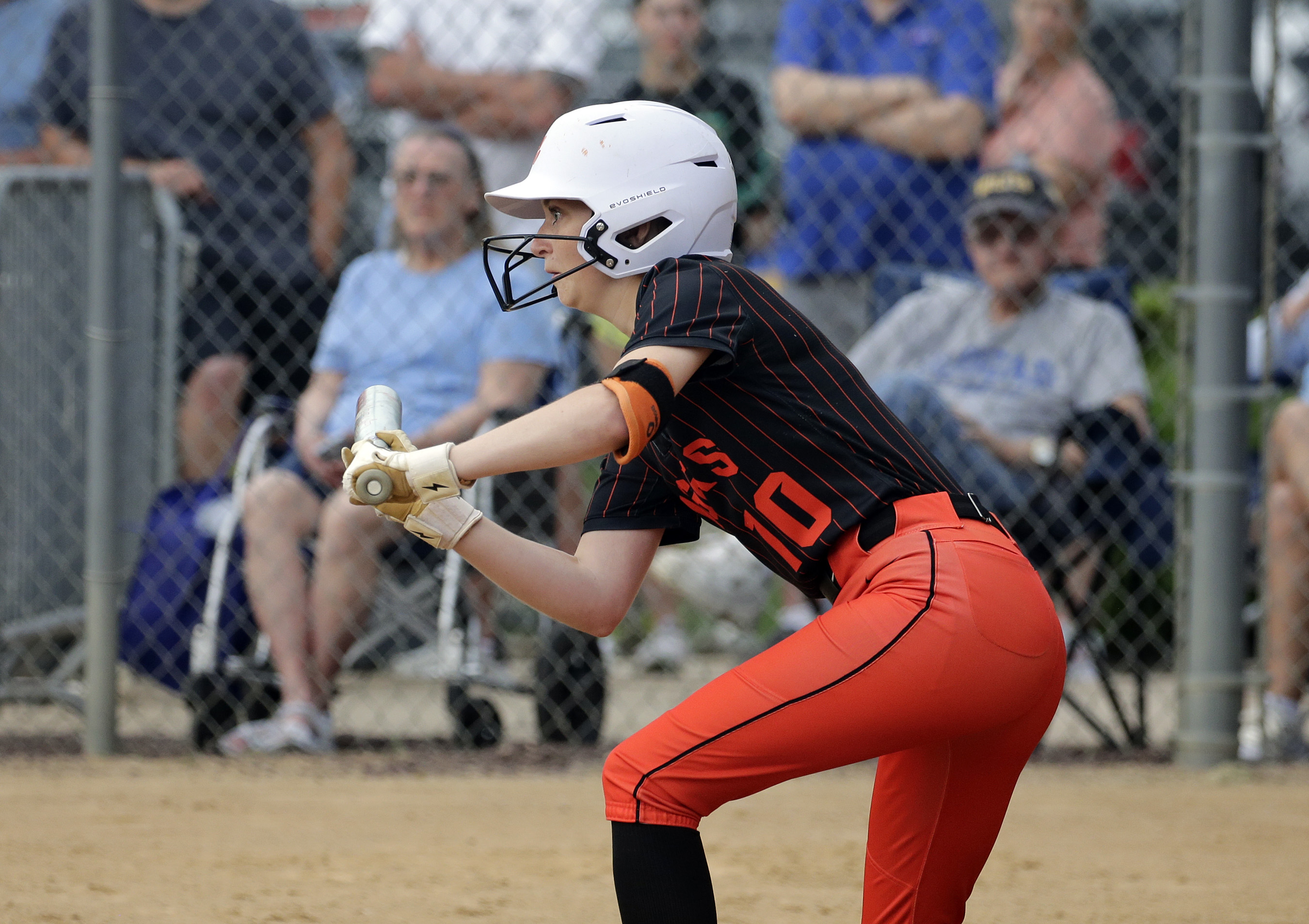 Tunkhannock’s Alli Kinney squares to bunt against Valley View in...