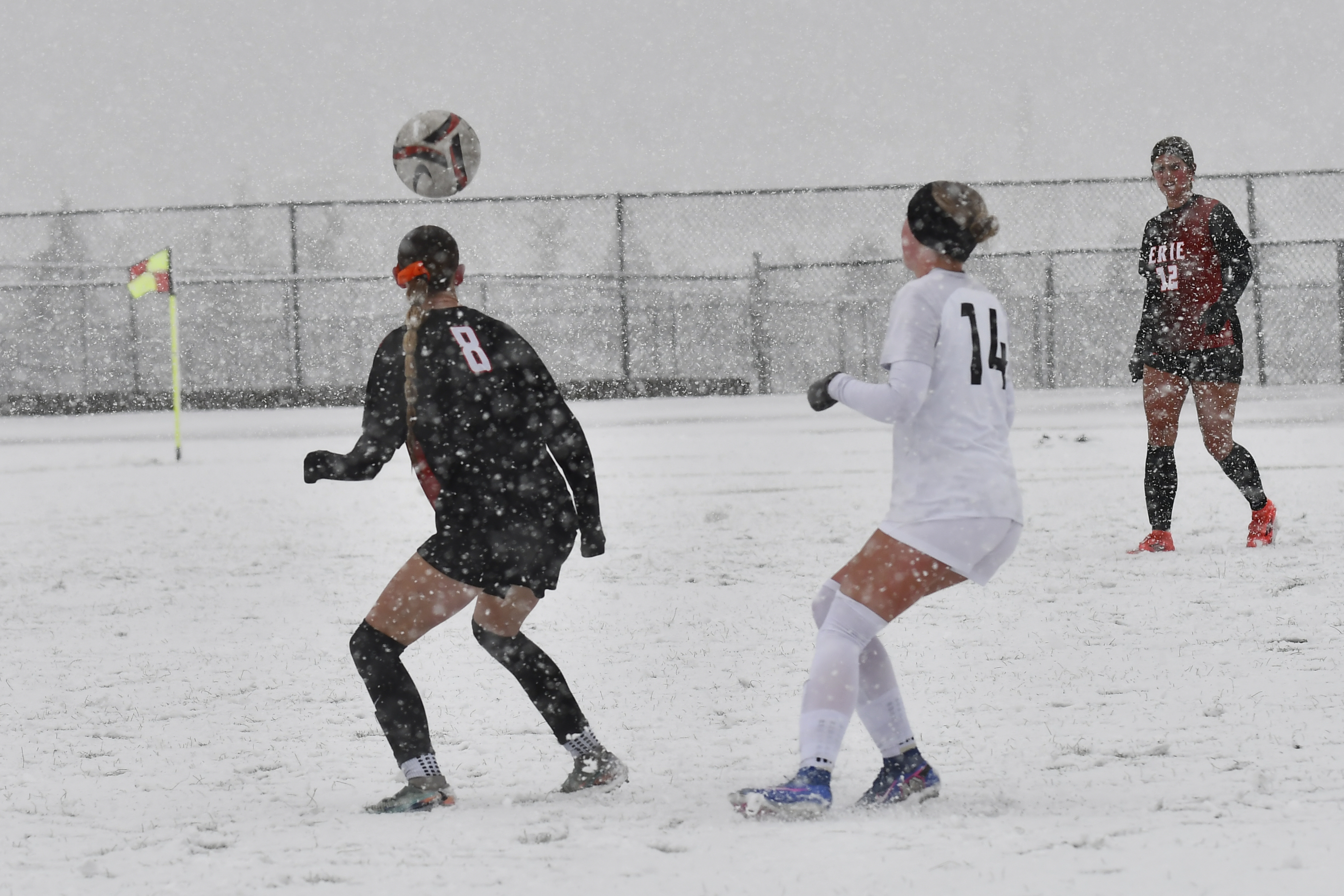 Erieâs Brooke Wenino zeroes in on a ball during the...
