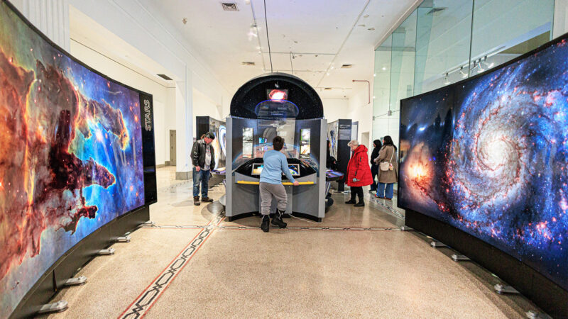 A wide view of the Hubble Telescope exhibition at the Everhart Museum in Scranton, PA.
