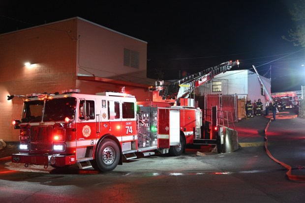 Crews at Zaza Smoke Shop on State Road in Upper Darby. (COURTESY TAPPAN FIRE PHOTOS) 