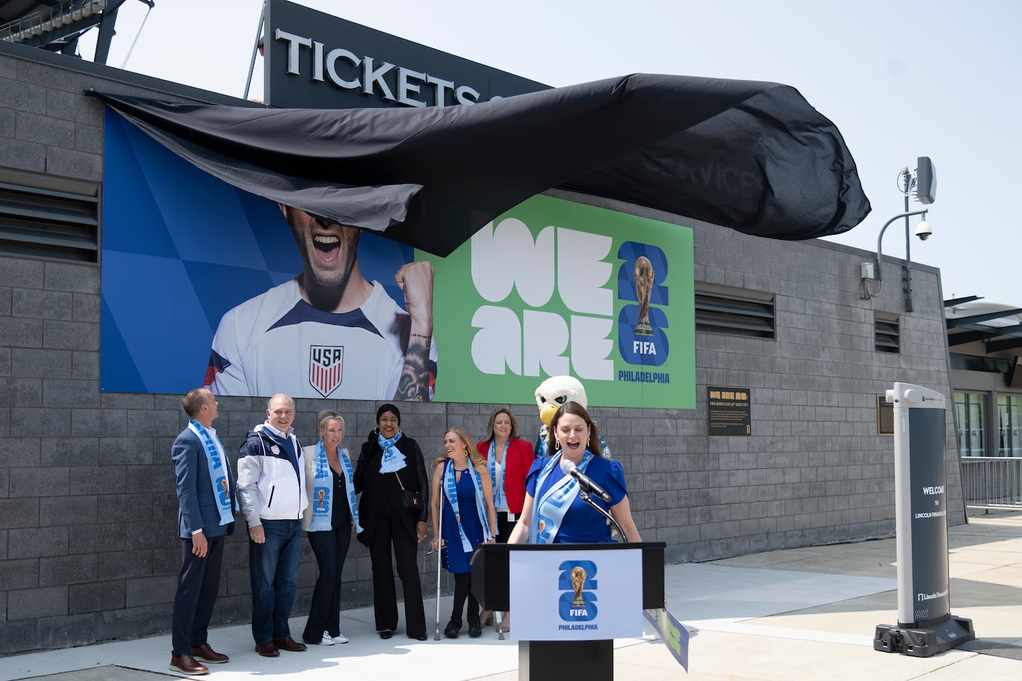Philadelphia Eagles and city officials gathered in 2003 for the unveiling of branding for Philadelphia's hosting of the 2026 World Cup.