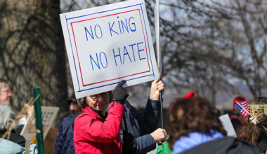 SUNBURY, PENNSYLVANIA, UNITED STATES - 2026/03/28: Protesters gathered at Riverfront Park for a "No Kings" protest against the Trump administration and its policies. Organizers said the local rally was one of more than 3,300 sister demonstrations held nationwide.