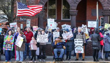 BLOOMSBURG, PENNSYLVANIA, UNITED STATES - 2026/03/28: Protesters gather outside the Columbia County Courthouse during a "No Kings" demonstration. The event was one of more than 3,300 protests scheduled nationwide on the day, organized in opposition to Trump administration policies.