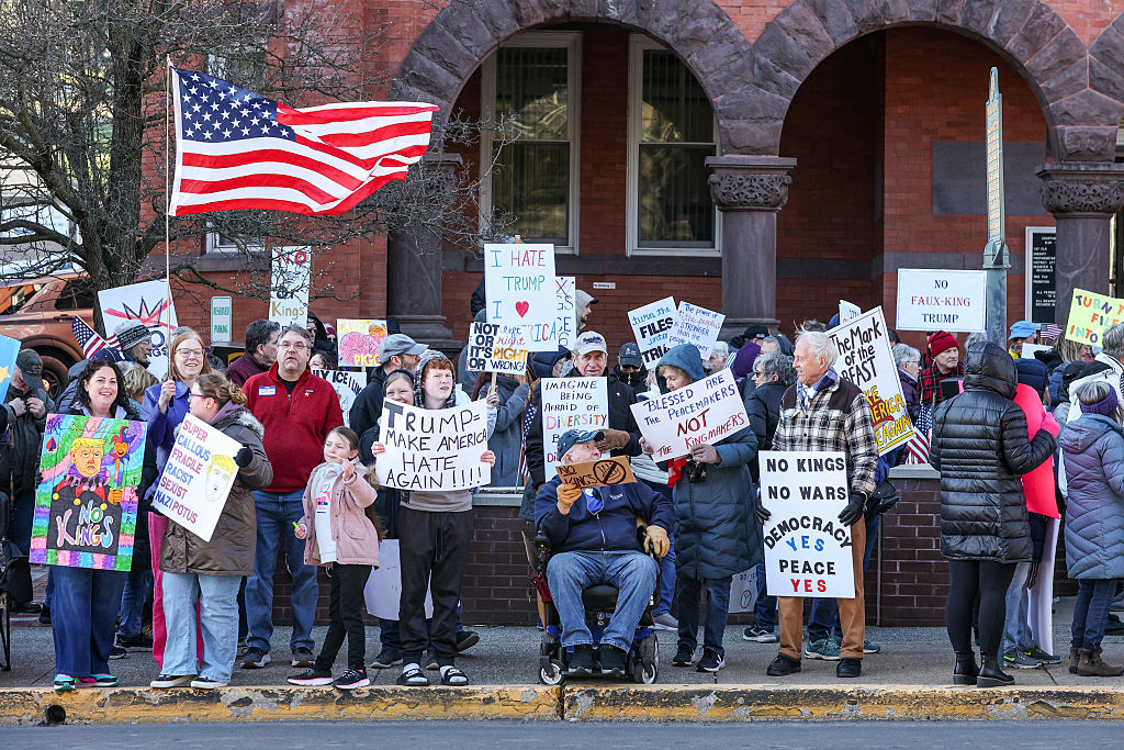 BLOOMSBURG, PENNSYLVANIA, UNITED STATES - 2026/03/28: Protesters gather outside the Columbia County Courthouse during a "No Kings" demonstration. The event was one of more than 3,300 protests scheduled nationwide on the day, organized in opposition to Trump administration policies.