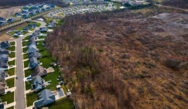 An aerial view of Project Boson, the future site of a nearly 620,000-square-foot data center surrounded by homes and a school in Archbald, Pa. Credit: Heather Ainsworth/The Washington Post via Getty Images