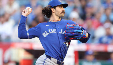 ANAHEIM, CALIFORNIA - APRIL 20: Dylan Cease #84 of the Toronto Blue Jays throws a pitch in the first inning against the Los Angeles Angels at Angel Stadium of Anaheim on April 20, 2026 in Anaheim, California.