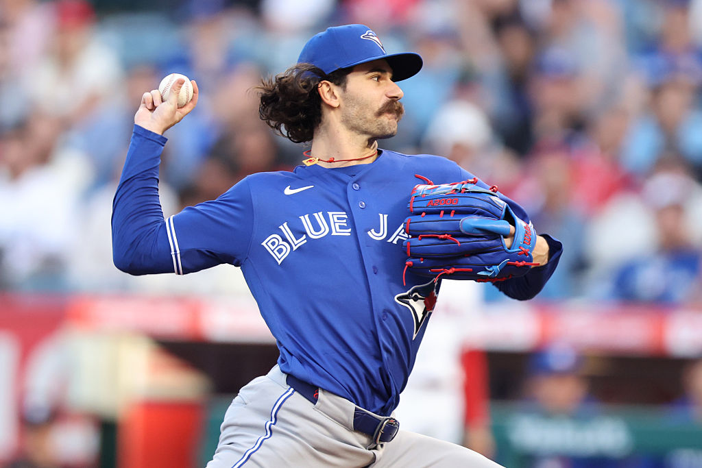ANAHEIM, CALIFORNIA - APRIL 20: Dylan Cease #84 of the Toronto Blue Jays throws a pitch in the first inning against the Los Angeles Angels at Angel Stadium of Anaheim on April 20, 2026 in Anaheim, California.