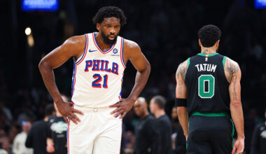 BOSTON, MASSACHUSETTS - APRIL 28: Joel Embiid #21 of the Philadelphia 76ers reacts against Jayson Tatum #0 of the Boston Celtics during the first quarter in Game Five of the First Round of the NBA Eastern Conference Playoff at TD Garden on April 28, 2026 in Boston, Massachusetts. NOTE TO USER: User expressly acknowledges and agrees that, by downloading and or using this photograph, User is consenting to the terms and conditions of the Getty Images License Agreement. (Photo by Maddie Meyer/Getty Images)