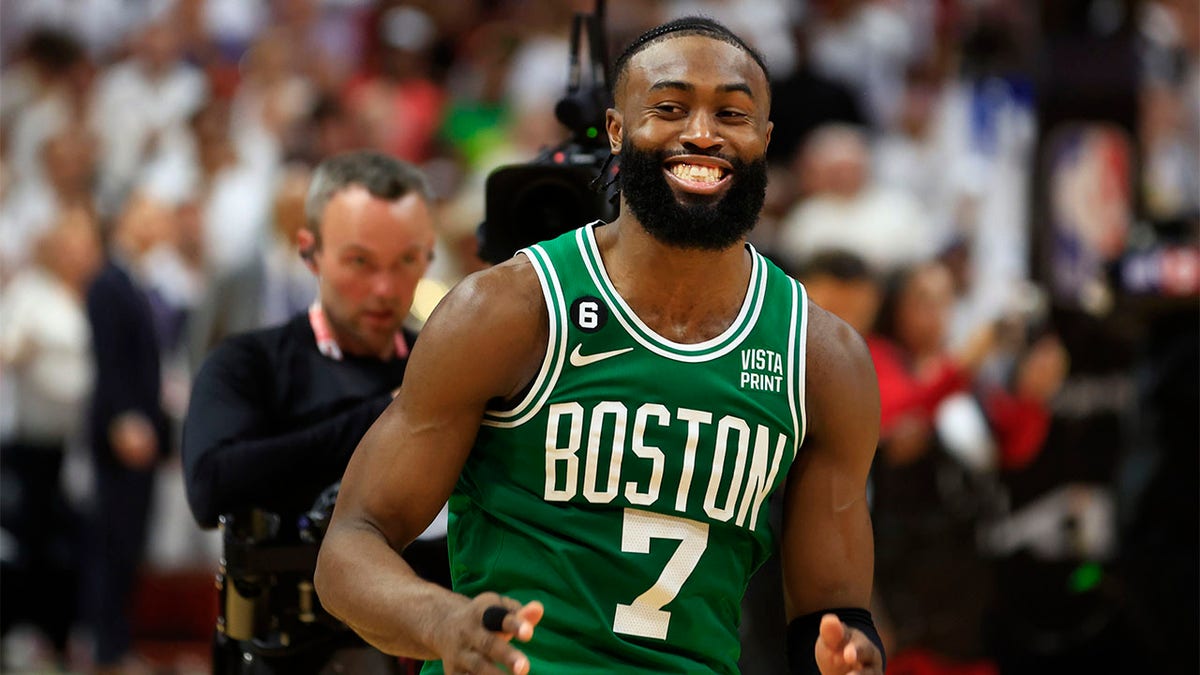 Jaylen Brown of the Boston Celtics reacting on court at Kaseya Center
