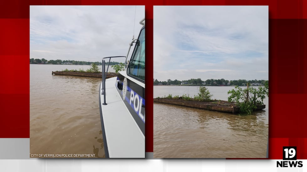 Vermillion police found an abandoned barge floating in Lake Erie Sunday.