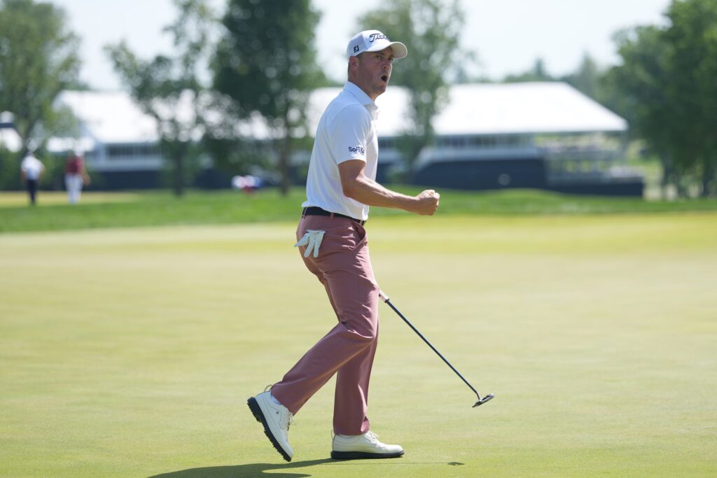 May 17, 2026; Newtown Square, Pennsylvania, USA; Justin Thomas reacts on the 18th hole during the final round of the PGA Championship golf tournament.