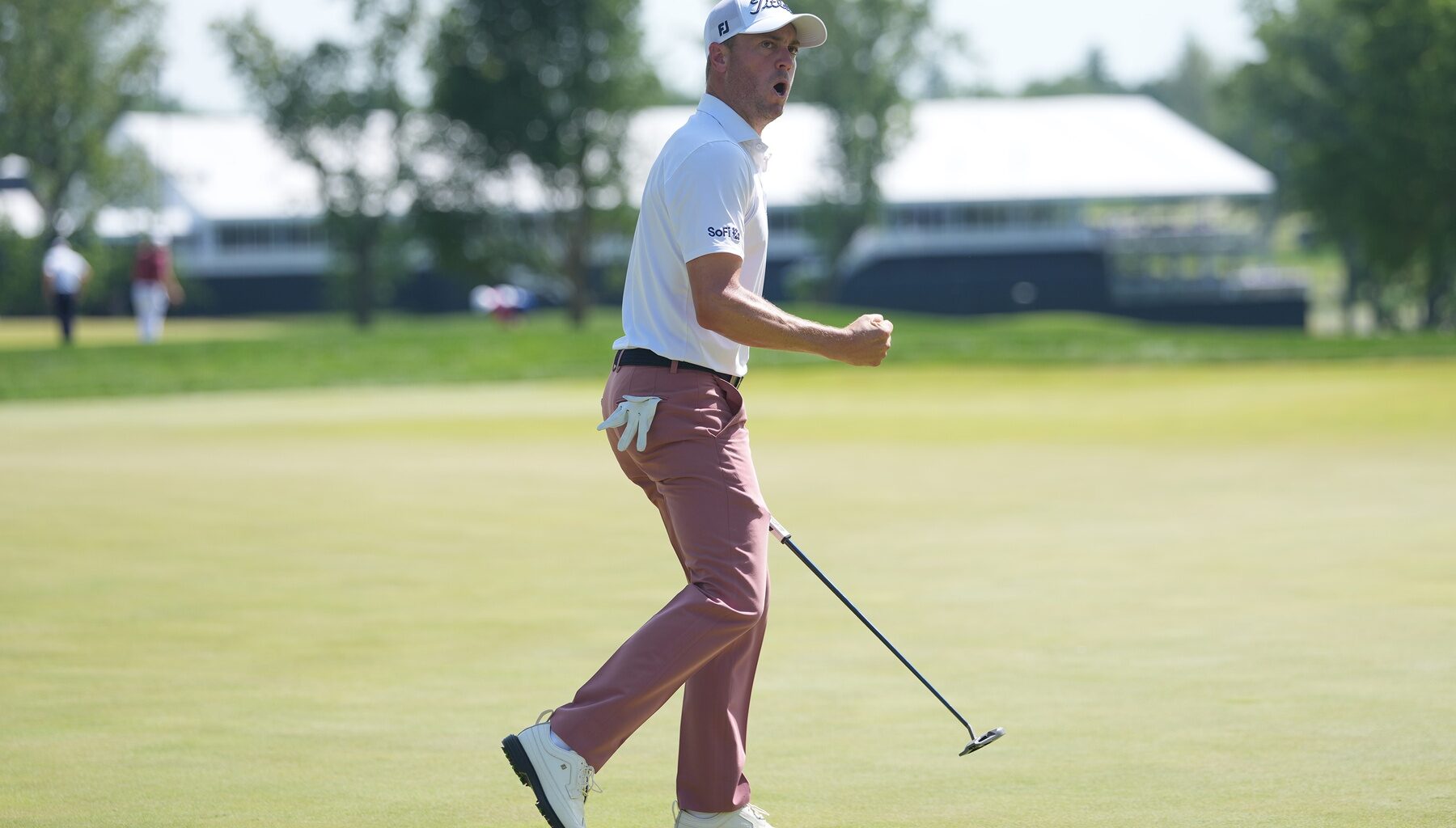 May 17, 2026; Newtown Square, Pennsylvania, USA; Justin Thomas reacts on the 18th hole during the final round of the PGA Championship golf tournament.