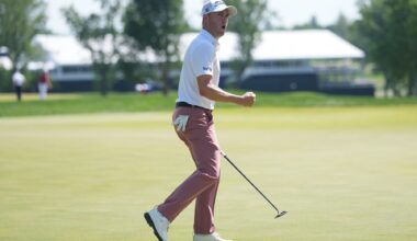 May 17, 2026; Newtown Square, Pennsylvania, USA; Justin Thomas reacts on the 18th hole during the final round of the PGA Championship golf tournament.