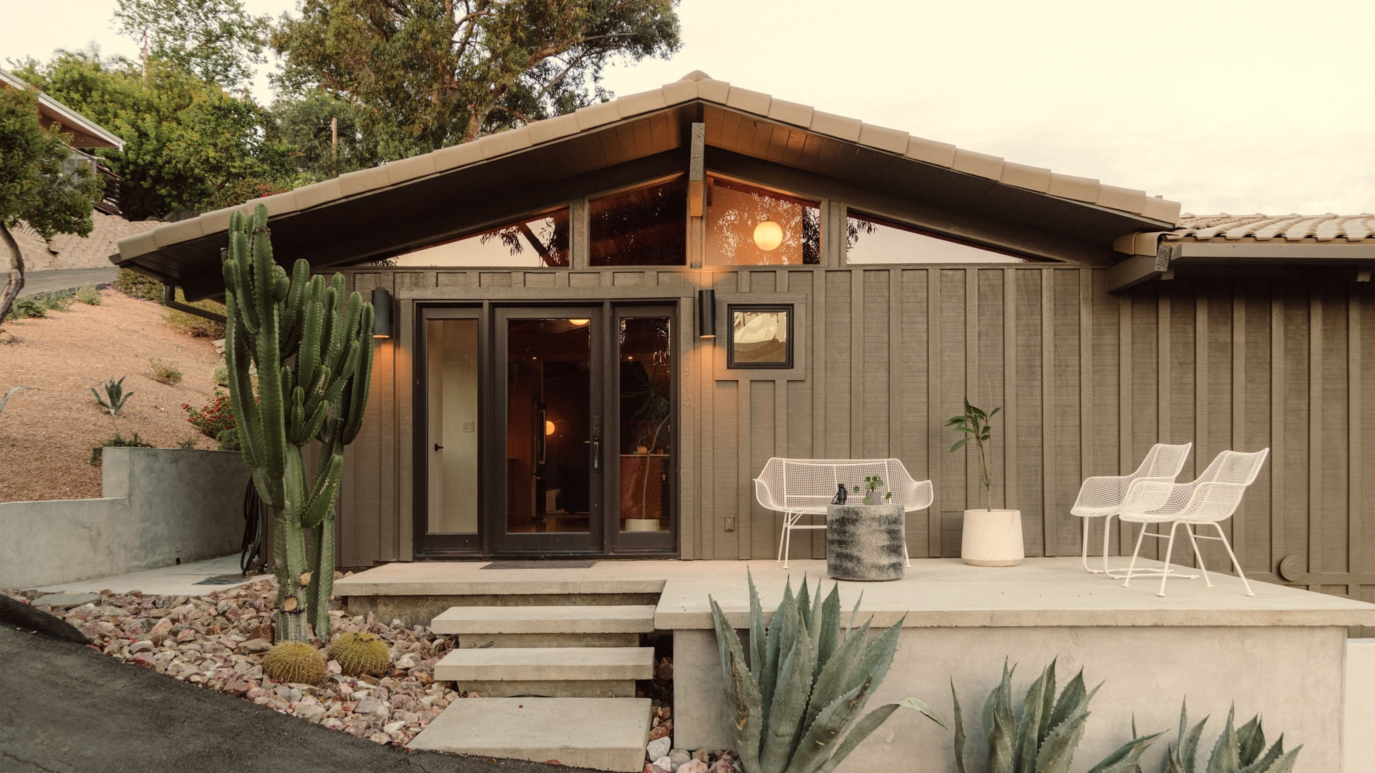 The front porch of the modernist home designed by Ladd...