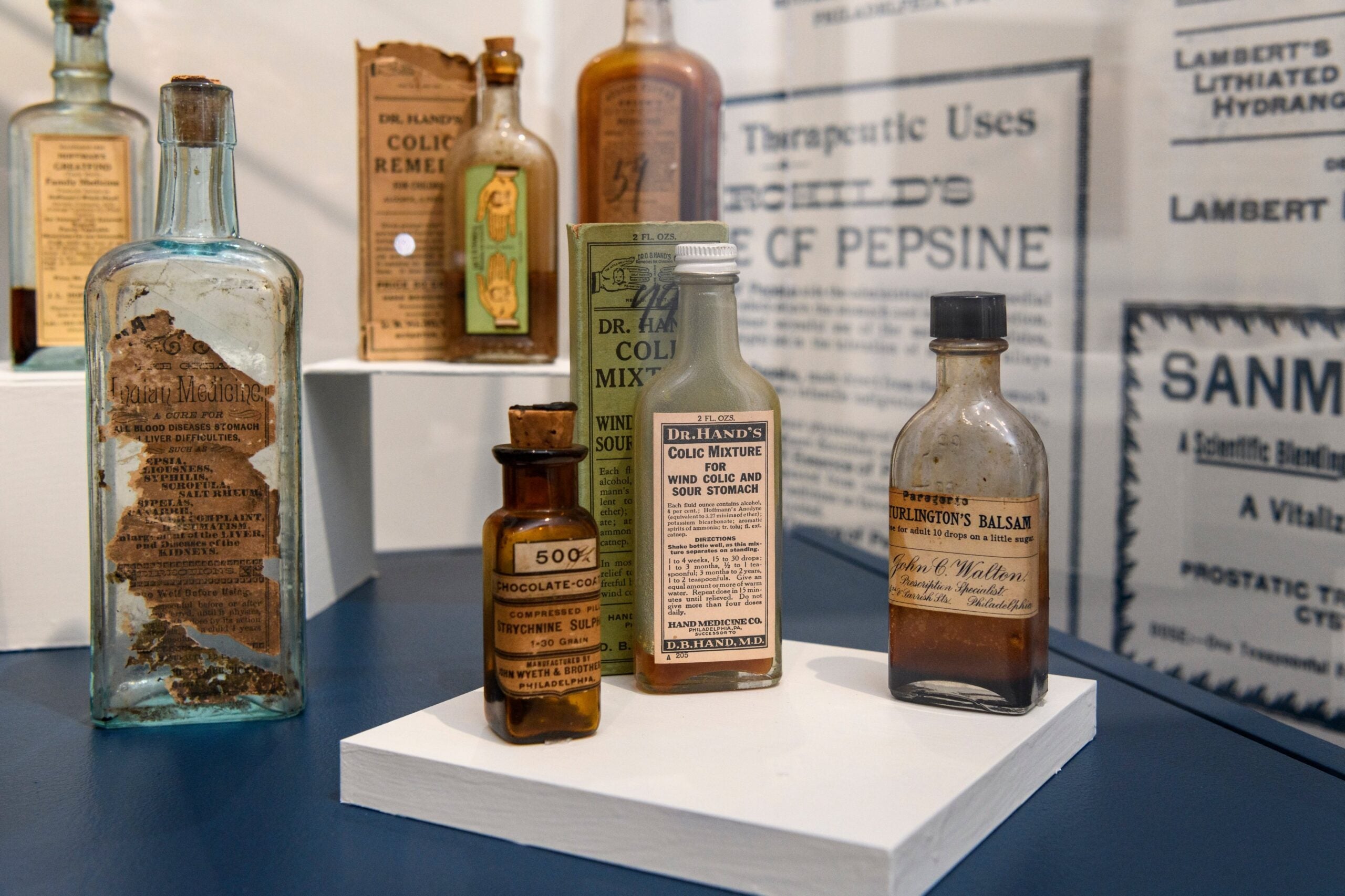 A close-up of medications from the Mütter Museum’s special exhibition