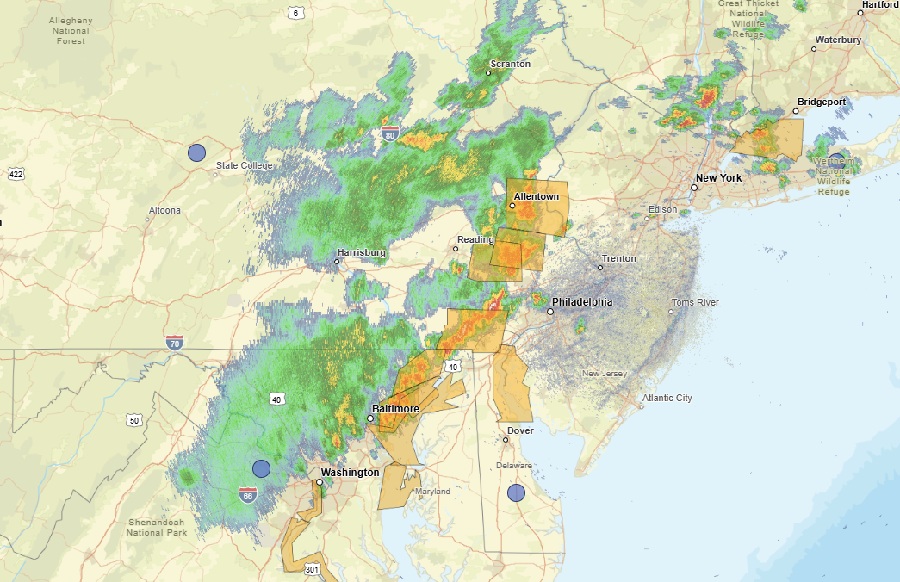 Severe Thunderstorm Warnings have been issued for portions of Pennsylvania, New Jersey, and New York as a line of storms moves through the region. Image: NWS