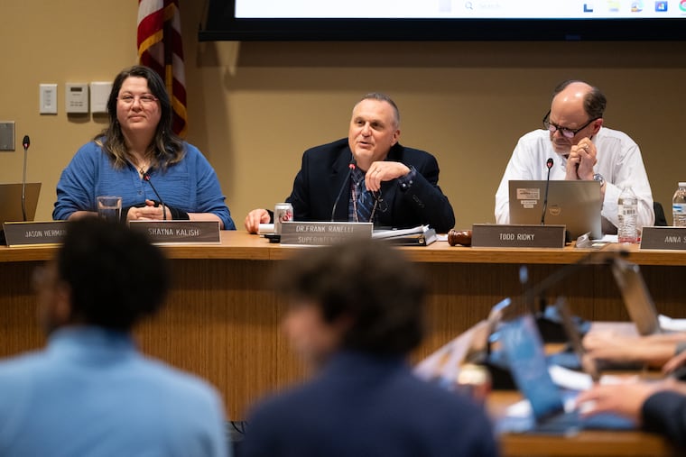 Frank Ranelli, center, superintendent of the Lower Merion School District, speaks at an April 20 school board meeting at the district administration building.