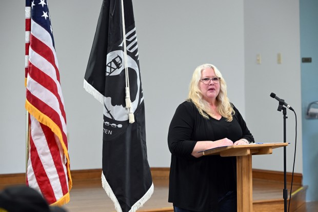 Dianne Simmons leads a memorial dedication service on Saturday, May 9, 2026, at Friedens UCC in Oley for Lt. Col. Ralph H. Angstadt, who is Missing in Action in Vietnam. (BILL UHRICH/READING EAGLE)