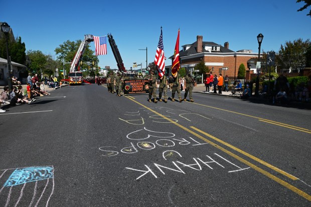 The Reading High School Marine Corps Junior ROTC honor guard leads the Armed Forces Day Parade on Penn Avenue in West Reading on Saturday, May 16, 2026.  (BILL UHRICH/READING EAGLE)
