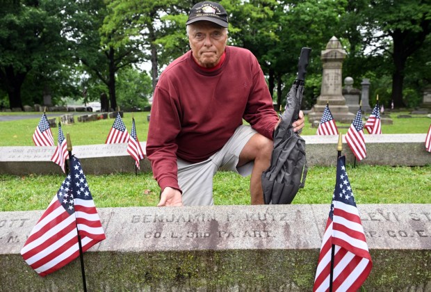 Don Brobst attends the annual Memorial Day services at the Civil War Memorial in Charles Evans Cemetery on Monday, May 25, 2026, in honor of his ancestor, Benjamin F. Kutz. (BILL UHRICH/READING EAGLE)