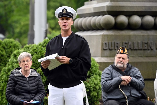 Navy Chief Petty Officer Andrew Kropf delivers the Memorial Day speech during at the Civil War Memorial in Charles Evans Cemetery on Monday, May 25, 2026. (BILL UHRICH/READING EAGLE)