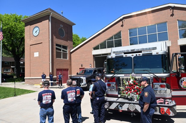 West Reading firefighter and mayor Samantha Kaag speaks during the West Reading Fire Co. No. 1 125th anniversary and housing ceremony on Saturday, May 16, 2026, at 223 Playground Dr. (BILL UHRICH/READING EAGLE)