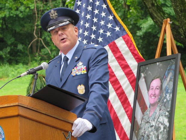 Jay Ostrich, director of Berks County Veterans Affairs, speaks during a Memorial Day ceremony in Wyomissing Hills Monday. (KAREN SHUEY - READING EAGLE)