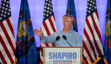 Bucks County Commissioner Bob Harvie addresses supporters during a primary election party in Warminster hosted by Gov. Josh Shapiro. Harvie will face U.S. Rep. Brian Fitzpatrick in the fall.