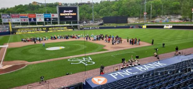 "Banana Ball Backstage" provided select fans with the opportunity to meet players on the field prior to the game on on Friday, May 22, 2026. (GERI GIBBONS/STAFF PHOTO)