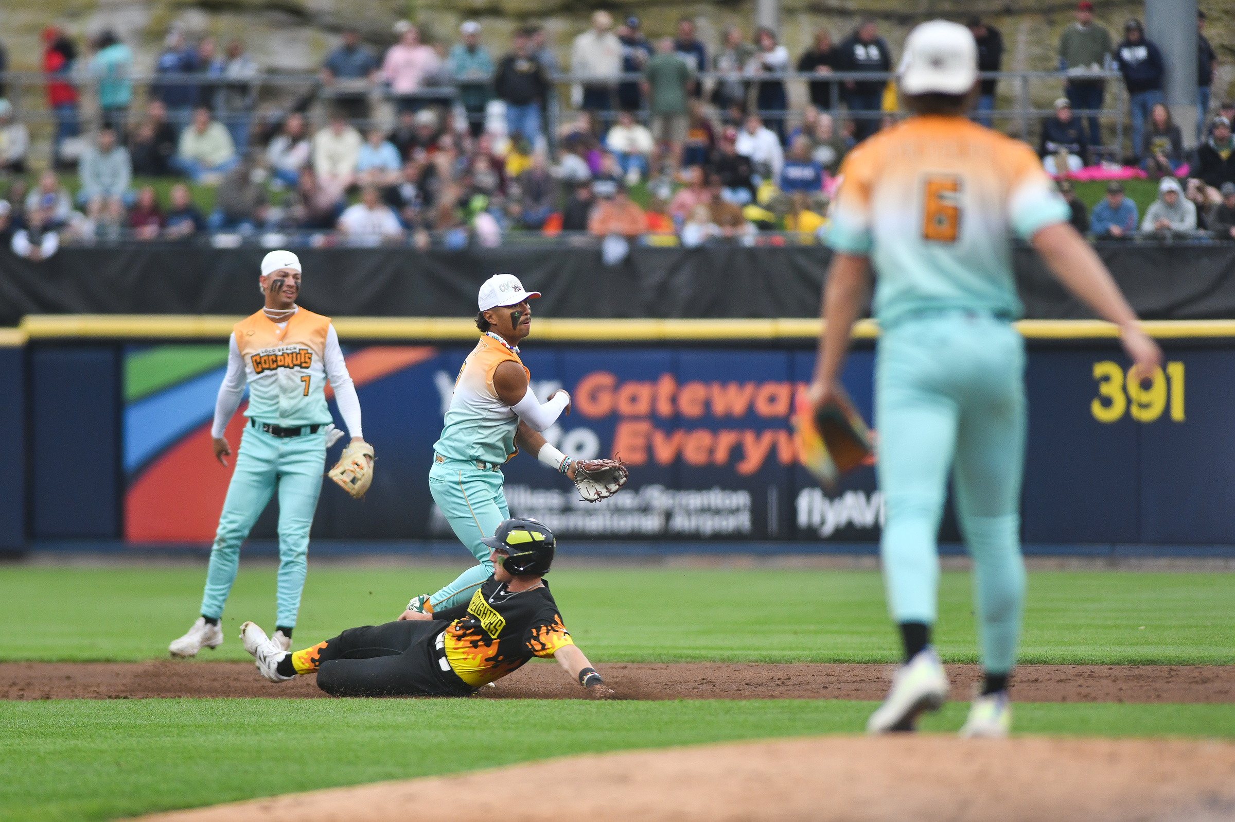 The Loco Beach Coconuts infielder Sal Jacobo makes a double...