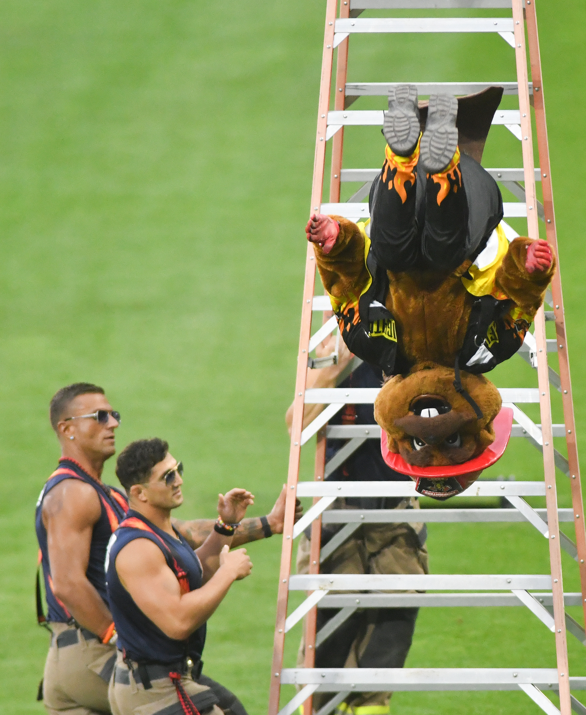 The Firefighters mascot, Bo the Beaver, does a back flip...