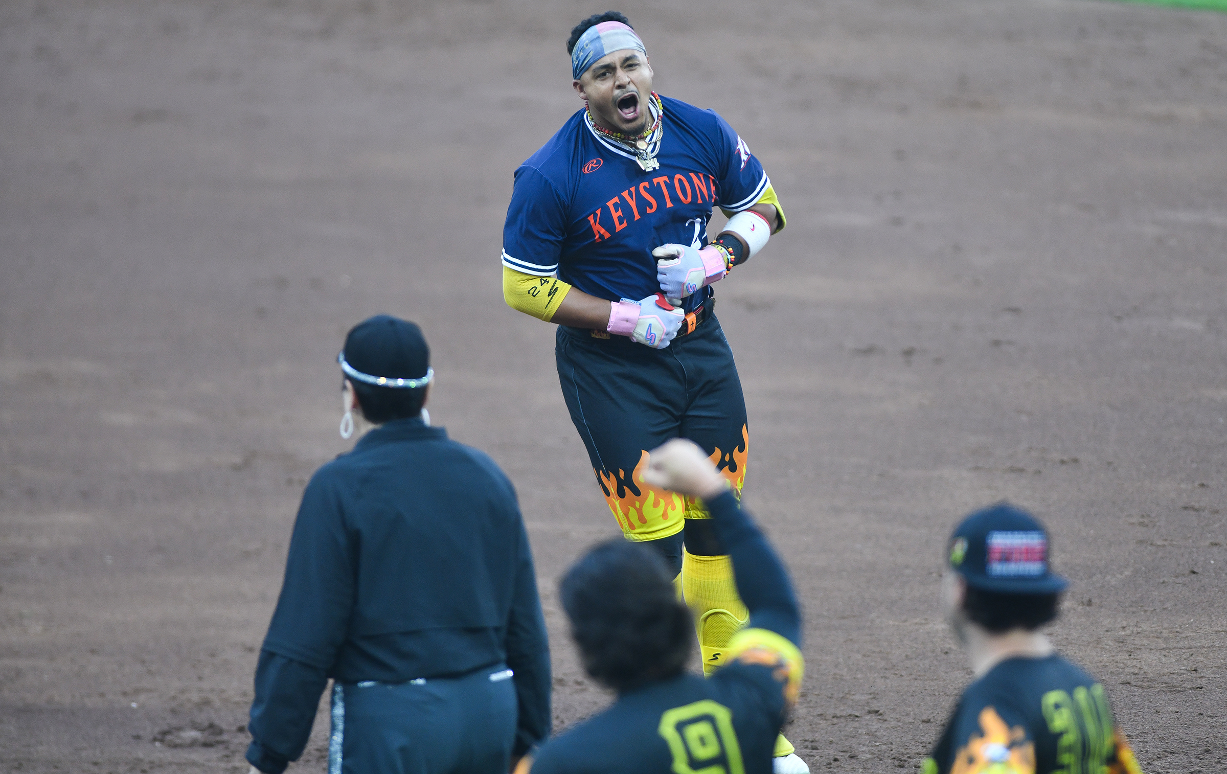 The Firefighters’ Dakota McFadden celebrates after winning the inning against...