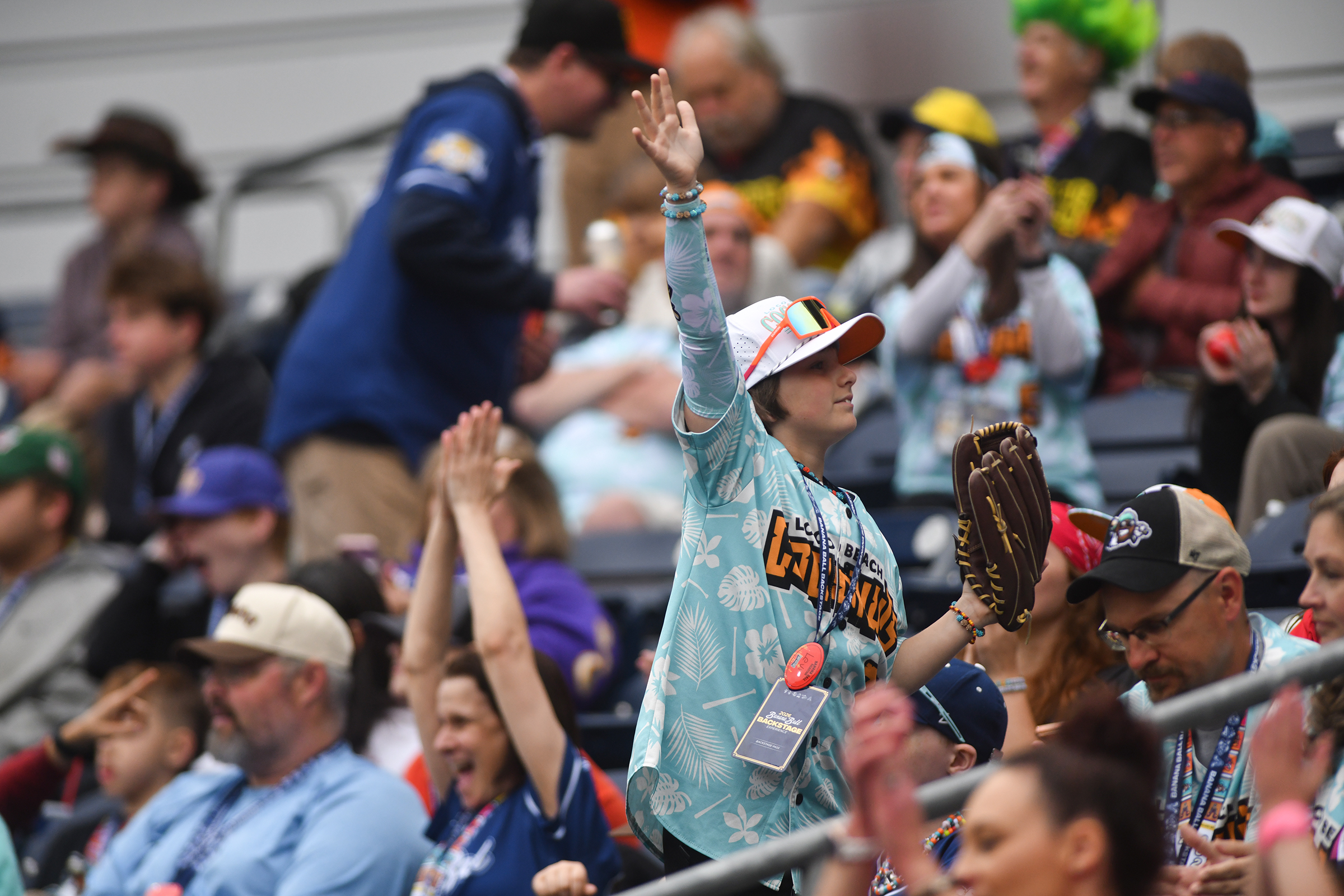 A fan stands up in the crowd before the game...