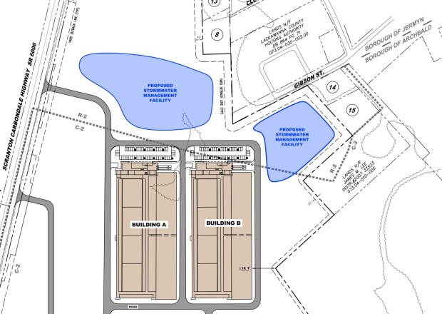 Sketch plans for the proposed "Project Gravity" data center campus in Archbald, obtained via Right-to-Know Law request. The plans show two data centers close to the Lackawanna County Housing Authority townhouses in Jermyn.