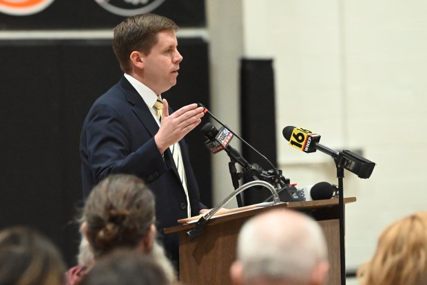 Lackawanna County Commissioner Bill Gaughan speaks during the public hearing on a zoning ordinance to regulate data centers in Dickson City at the Dickson City Civic Center on Thursday, Feb. 12, 2026. (REBECCA PARTICKA/STAFF PHOTOGRAPHER)
