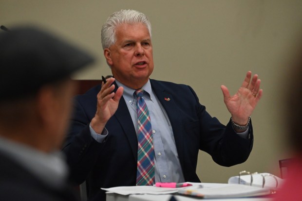 Attorney Michael Mey, representing Dickson City Development LLC, asks city planner Thomas Shepstone questions during the zoning board hearing at the Dickson City Municipal Building in Dickson City on Tuesday, May 20, 2026. (REBECCA PARTICKA/STAFF PHOTOGRAPHER)