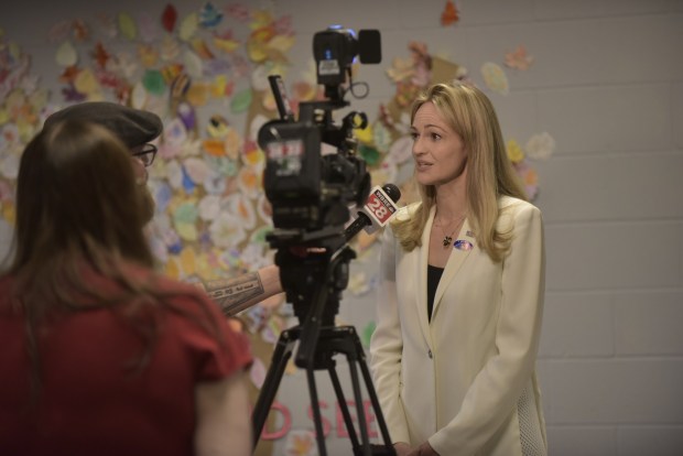 Scranton Mayor Paige Cognetti does an interview inside Isaac Tripp Elementary School in Scranton on Tuesday, May 19, 2026. Cognetti is seeking the Democratic nomination for the 8th Congressional District. (CHAD SEBRING/STAFF PHOTO)