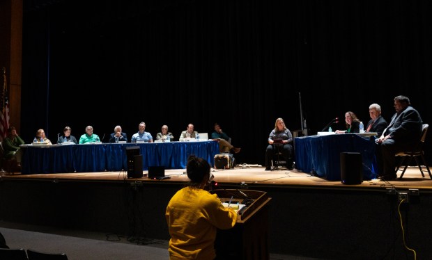 Stop Archbald Data Centers co-founder Tamara Misewicz-Healey cross-examines Essential Energy LLC officials during a conditional use hearing in the Valley View High School auditorium in Archbald to consider the 400-megawatt natural gas power plant on Thursday, May 21, 2026. (FRANK WILKES LESNEFSKY / STAFF PHOTO)