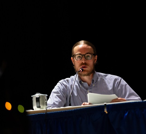 Essential Energy LLC traffic engineer Ian Preston of KCI Technologies testifies during a conditional use hearing in the Valley View High School auditorium in Archbald as council considers the 400-megawatt natural gas power on Thursday, May 21, 2026. (FRANK WILKES LESNEFSKY / STAFF PHOTO)